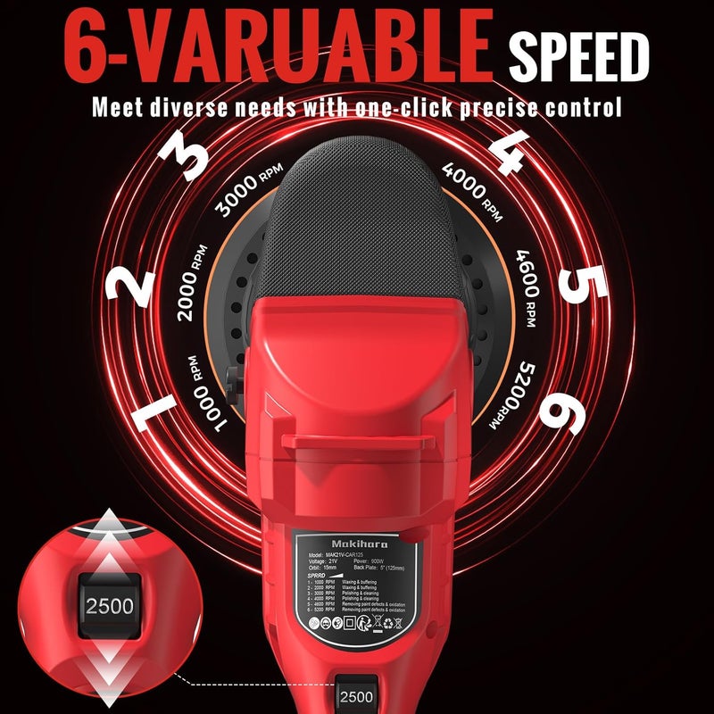 Makihara Cordless Buffer Polisher, 5 Inch Random Orbital Car Polisher, 6 Variable Speed 1000-5200 RPM, 21V 3.0Ah Batteries, 28Pcs Attachments, Polisher for Car Detailing, Boat Sanding, Scratch Removing - Image 2